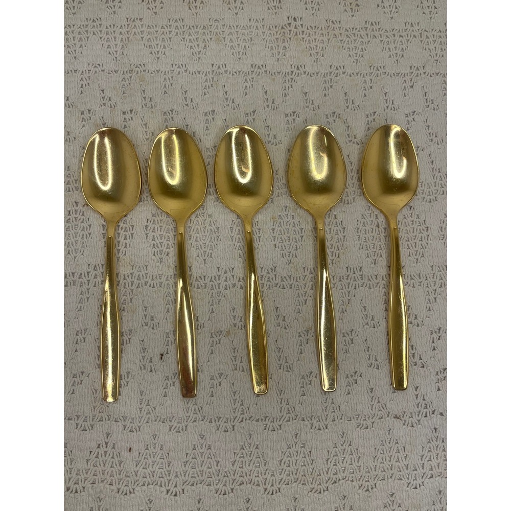 Rogers Cutlery Co Gold Electroplate Teaspoons Set of 5 Stainless USA Vintage